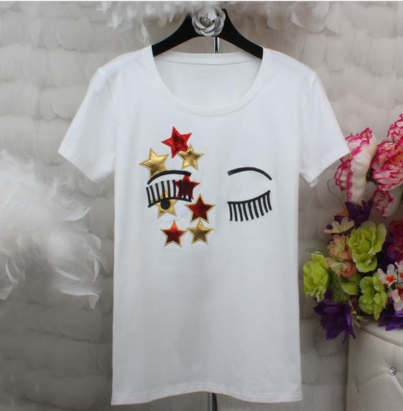 

Women Eyes Stars Embroidery Tshirts Summer Fashion O-neck Tees Casual Short Sleeved Tees