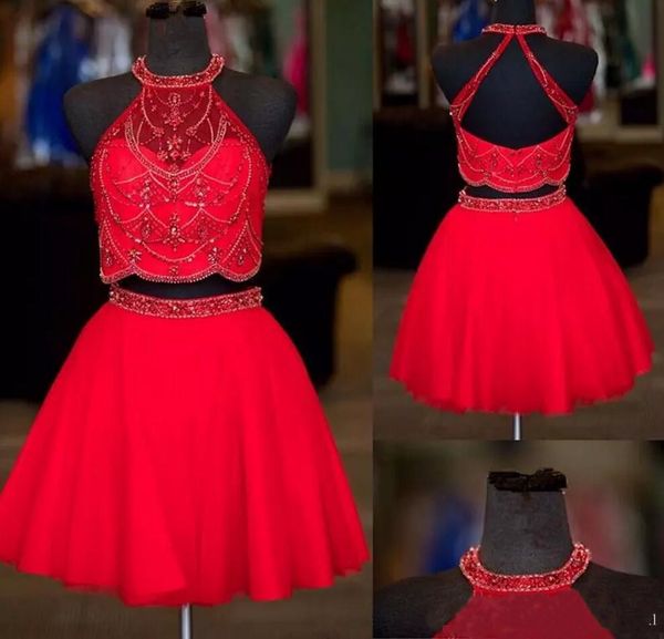 

royal blue beaded short evening dresses two pieces prom gowns beaded rhinestones formal cocktail party dress hollow back, Black;red
