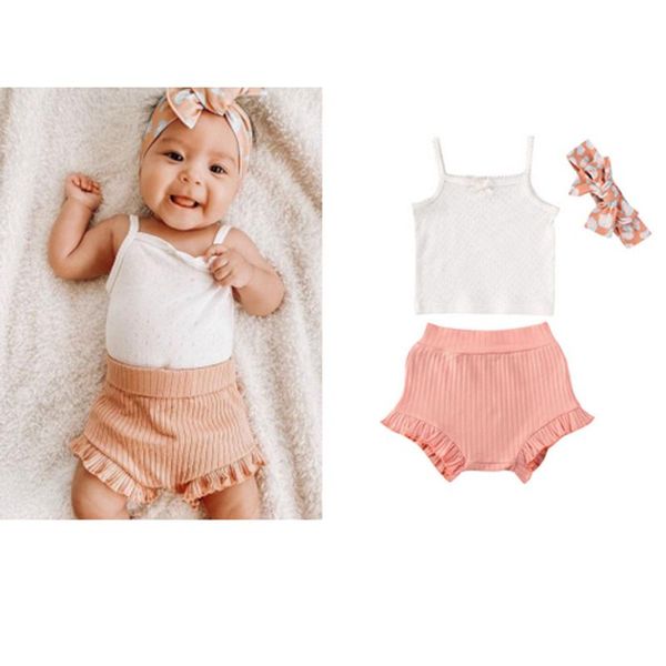 

newborn baby girls summer clothes set solid vest ruffle high waisted shorts headband 3pcs set outfits 0-24months, White