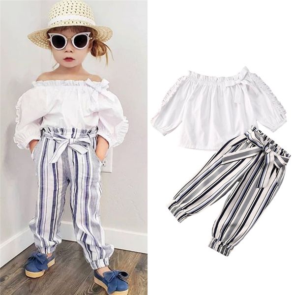 

2020 fashion toddler kid baby girl summer white off shoulder t-shirt stripe pants outfit set clothes 2pcs 1-6y