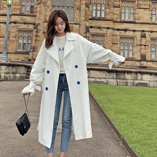 Women's Trench Coats Senhoras White Stitch Stripe Long Slim Terno Collar Duplo Tie Breasted Laço Design Casual Windbreaker Jacket