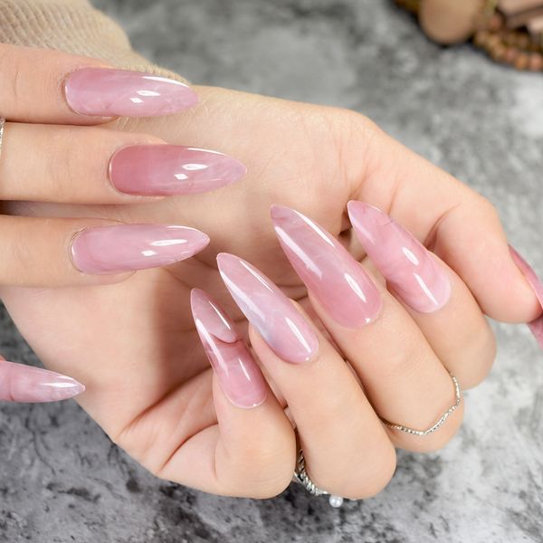 

stiletto false nails tips dark pink marble shell faux ongles extra long sharp stone texture pattern fake nail acrylic nails, Red;gold