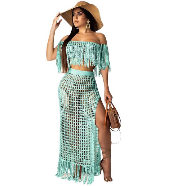 

slash neck knit 2 piece set women tassels two piece crop and skirt set short crochet beach wear summer outfit, White