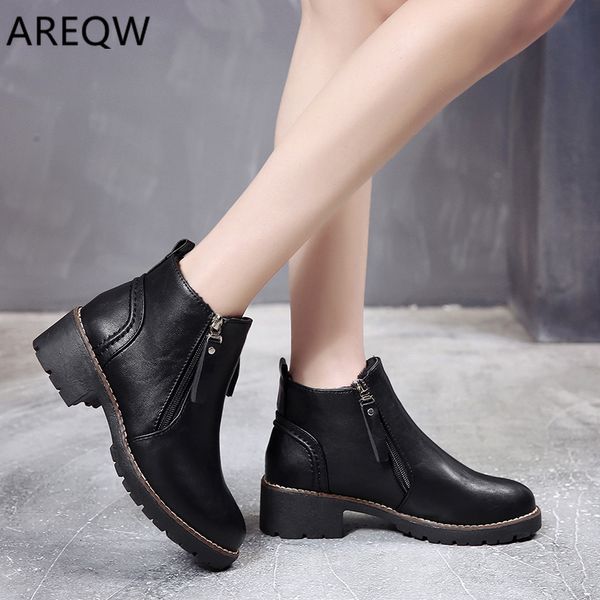 

2019 ladies autumn and winter casual with warm ankle boots solid color thick with round head rubber bottom women's boots, Black