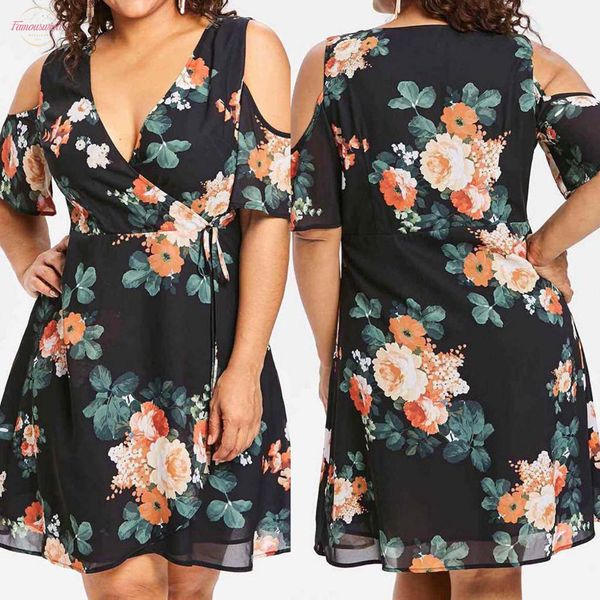 

2020 summer dress women plus size summer v neck floral print dress sleeveless beach dress party vestidos ad, Black;gray
