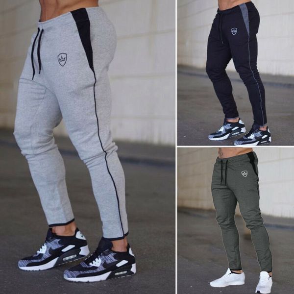 

new style men's pants slim fit sport gym bodybuilding running track trousers pencil sweatpants patchwork string fashion 2019, Black