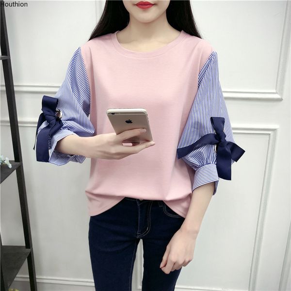 

houthion women's shirt blouse spring loose long sleeve summer new stitching korean version bow shirt blouse o-neck, White