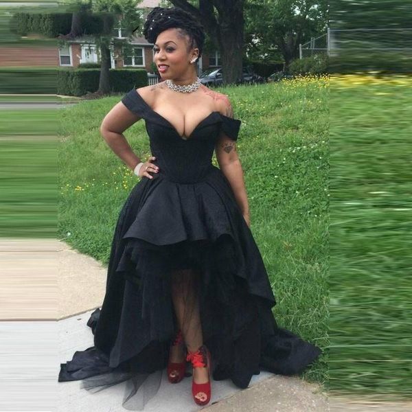 

black evening dresses v-neck sleeveless hi-lo satin prom dresses with zipper back vestidos de fiesta de noche