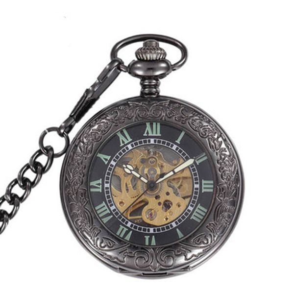 

retro steampunk mechanical pocket watch bronze laser engraved chain men women watches skeleton clock, Slivery;golden