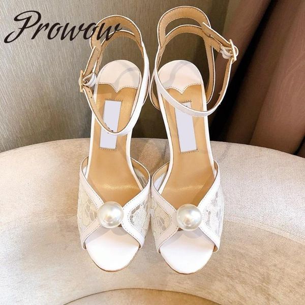 

prowow new quality spring summer pearl beading high heel sandals open toe pearl deco white lace sandals shoes women, Black