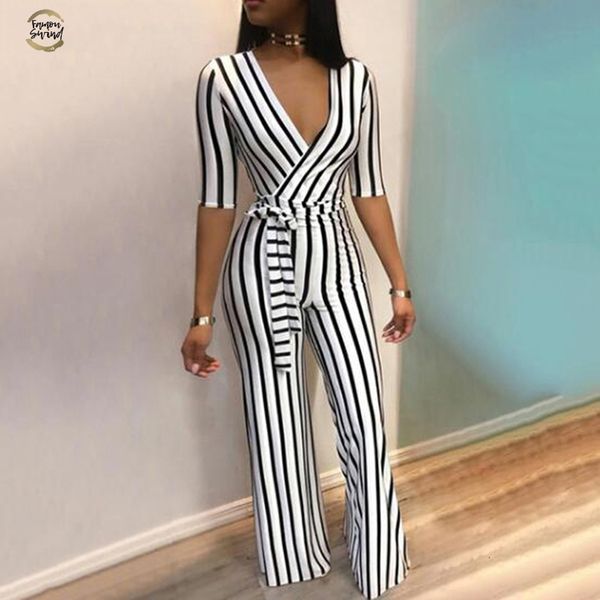 

summer deep v neck sashes jumpsuit women half sleeve casual rompers overalls office lady striped long pants jumpsuits, Black;white