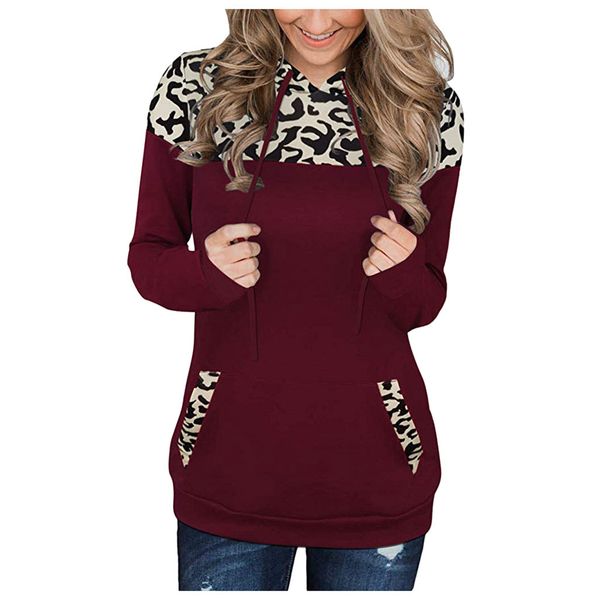 

fashion ladies clothing blouse shirt women's drawstring leopard panel hoodie and pocket long sleeve blouse blusa feminina, White