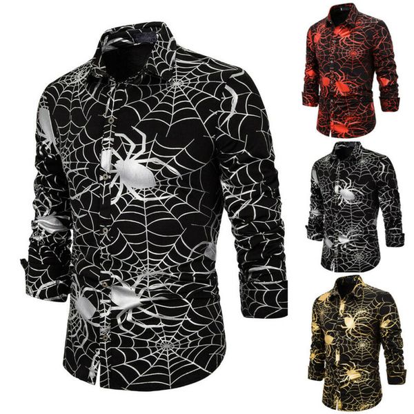

men halloween 3d spider print long sleeve casual shirt tee slim fit shirts spider print men shirt, White;black