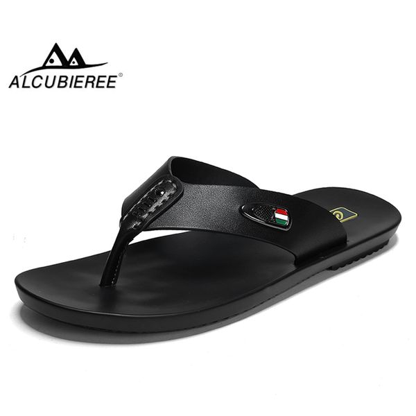 

alcubieree summer mens breathable sandals for man casual flip flops genuine leather slides slippers outdoor beach shoes homme t200420, Black