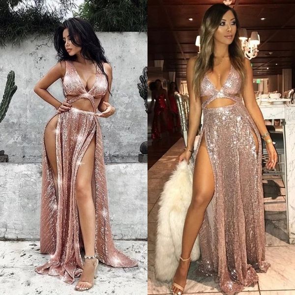 

sparkly sexy v шея crop top sequin пром платье длинных 2020 боковых сплит вечерних платьев для женщин платья gala, Black