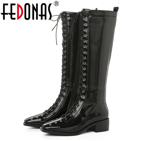 

fedonas women genuine leather knee high boots zipper cross-tied night club shoes woman autumn winter warm punk motorcycle boots, Black