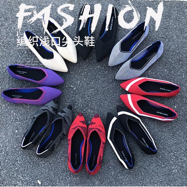 

pointy toe ballet flats stretch weave shallow shoes woman soft bottom comfy casual moccasins breathable summer brief loafers2020, Black
