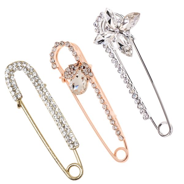

3pcs mixed style crystal rhinestone safety pin brooch clip for scarf coat gown pin bouquet jewelry, Gray