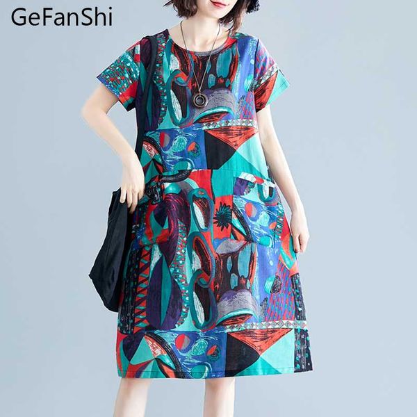 

fashion 2020 new summer women dresses plus size print casual cotton linen dress loose short sleeve o-neck vintage dress style, Black;gray
