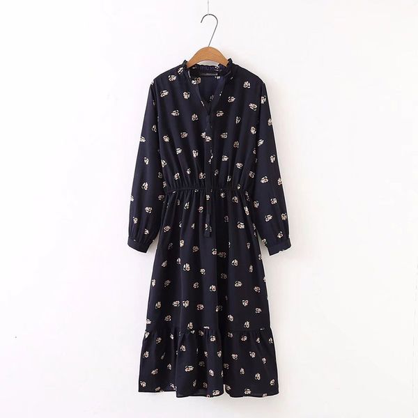 

women dress womens clothing women plus size dress floral print long sleeve casual chiffon dresses vintage ruffles pleated dress vestidos, Black;gray