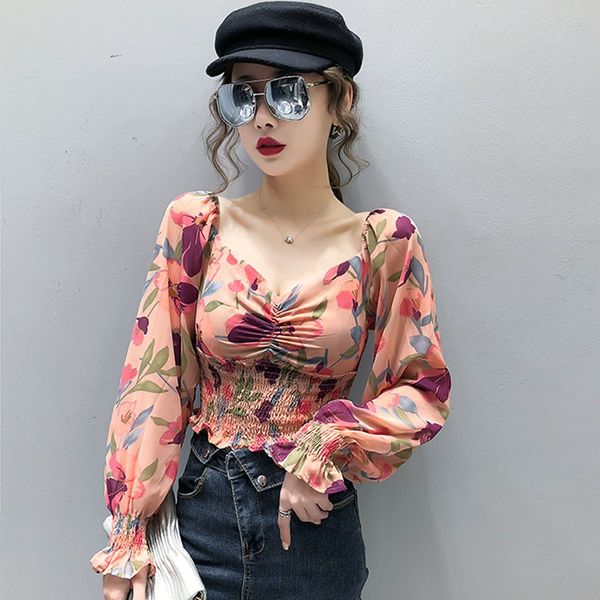 

2020 summer women chiffon shirts square collar off shoulder shirt holiday beach women slim pleated blouse top, White