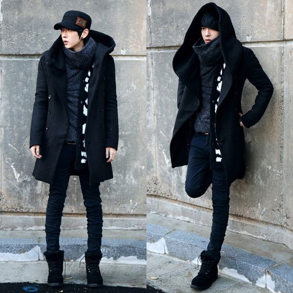 Long Trench Coat Men 2017 New Moda Moda Mens Overcoat Navy e Black Double Button Slim Korean Hooded Trench Coats 3xl