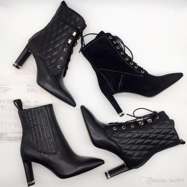 

ankle boot womens chunky heels ankle booties luxury fashion brand designer boots lady classics print leather high shoes ks190717, Black