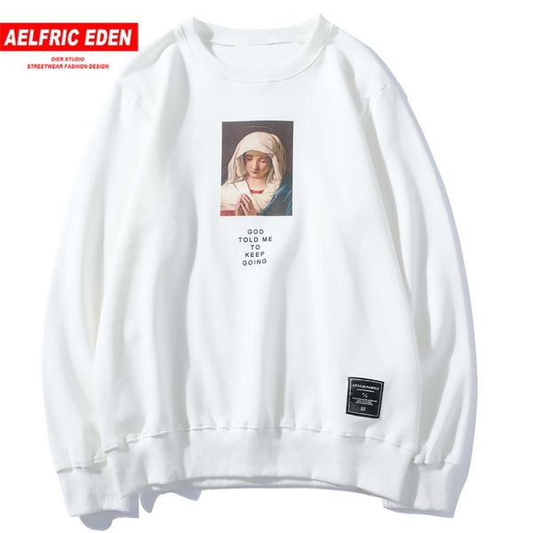 

aelfric eden vintage virgin mary printed mens sweatshirts 2019 autumn harajuku hip hop casual cotton pullover streetwear, Black