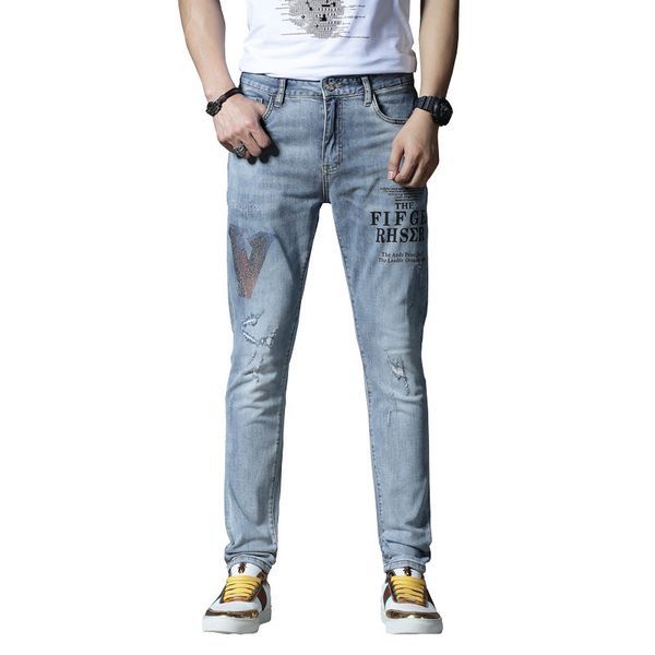 

gray blue jeans patch pattern 2020 fashion trend skinny men's casual jeans designer blue gray spring and summer pencil jeans