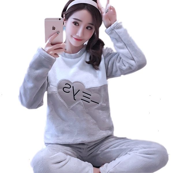 

women sleepwear femme lingeries thick flannel plaid pajama sets women 2019 winter long sleeve coral velvet pyjama girl cute clothing, Black;red