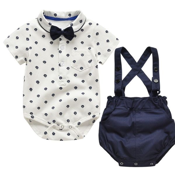 

baby boy clothes set short sleeve casual bow tie boy shirt solid strap shorts gentleman outfits 2 pcs baby clothes set, White