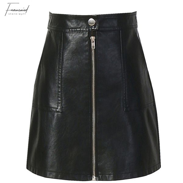 

leather skirt skirts for women 2019 autumn winter women skirt pu mini skirt with pockets zipper package high waist women clothing, Black