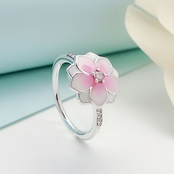 Modische rosa Magnolienringe für Pandora, 925er-Sterlingsilber, Epoxidharz, eleganter, hochwertiger Damenring mit Geschenkbox