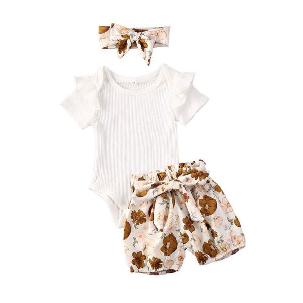 

newborn baby girls summer short sleeve button t-shirt floral print shorts 3pcs clothes set, White