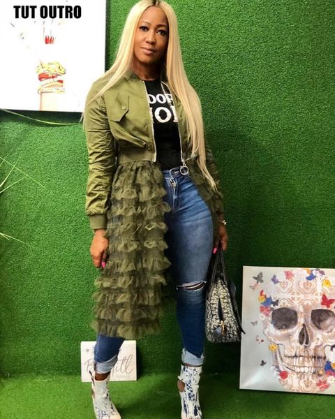 

plus size jacket coats fashion mesh patchwork zipper coats women autumn winter long sleeve army green jackets z164, Black;brown