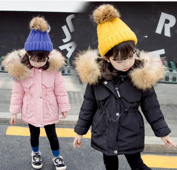 

the girl solid color big wool collar cotton-padded jacket korean edition winter clothes baby style waist jacket children's wear, White
