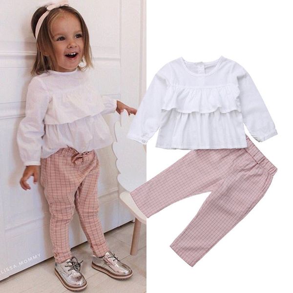 

2018 newly autumn toddler baby girls clothes 2pcs ruffles white t-shirts +plaid pants lovely sets outfit 1-6y
