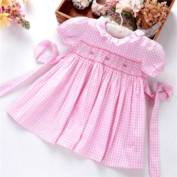 

infant baby girls dress plaid pink smocked casual flower floralkids clothes summer boutiques cotton peter pan collar vintage, Red;yellow