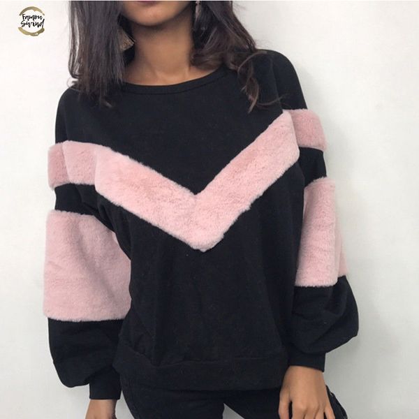 

woman clothes new warm women plush sweatshirt stitching long sleeve patchwork pullover sweatshirt jumper drop shipping, Black