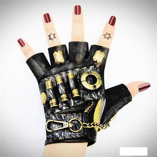 

corzzet vintage gothic black leather &gold metal steampunk style half finger gloves acceossories halloween costume cosplay, Blue;gray