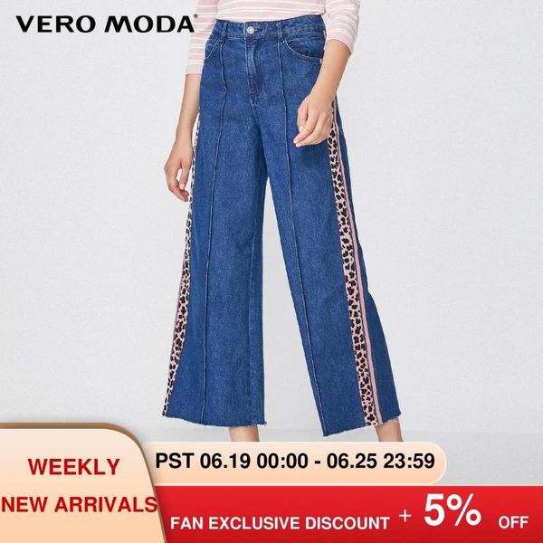 

women's jeans 100% cotton leopard print wide-leg crop | 319349523, Blue