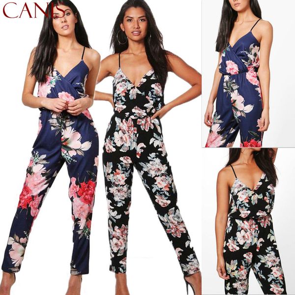 

ladies playsuit women summer sleeveless spaghetti strap v-neck floral printed jumpsuits, Black;white