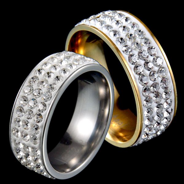 Moda 10 Pçs / lote Aço Inoxidável Anel de Aço Jóias Mulheres e Homens Casamento Par de Cristal Rhinestone Zircon Acessórios Belo presente tamanho 6-12