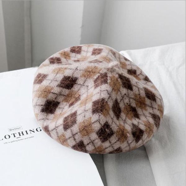 

2019 women winters beret women plaid artist painter cap classic wool felt warm french beret hat beanie 9 colors, Blue;gray