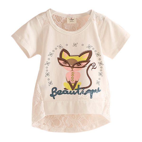 

2018 summer 3-12 years birthday lovely funny cartoon cat print lace embroidery hollow out short sleeve t shirt teenagers girl, Blue