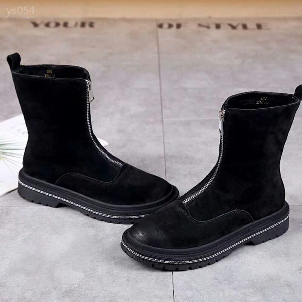 

2020 trend autumn winter european station martin boots female british retro front zipper thick bottom short boots factory direct sales, Black