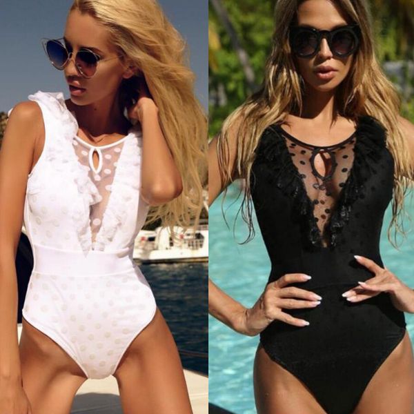 

bikini deep v-neck ruffled mesh polka dot one-piece swimsuit ladies one-piece swimsuit summer beach swimsuit suit