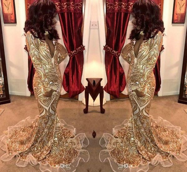 

2019 gold mermaid prom dresses lace sequins deep v neck sweep train long sleeves evening dress custom made special occasion gowns, Black