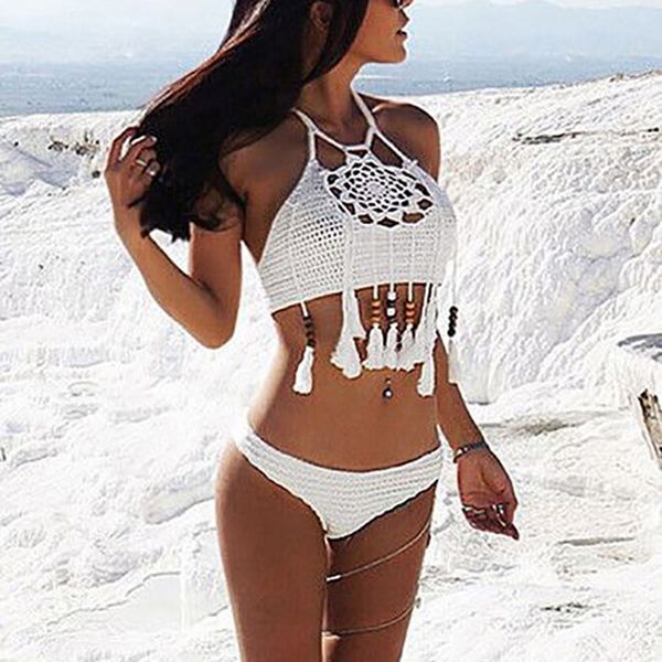 

tassel design hollow knitting swimsuit bikinis set bohemia women bathing costume ladies tankini swimsuits swimwear