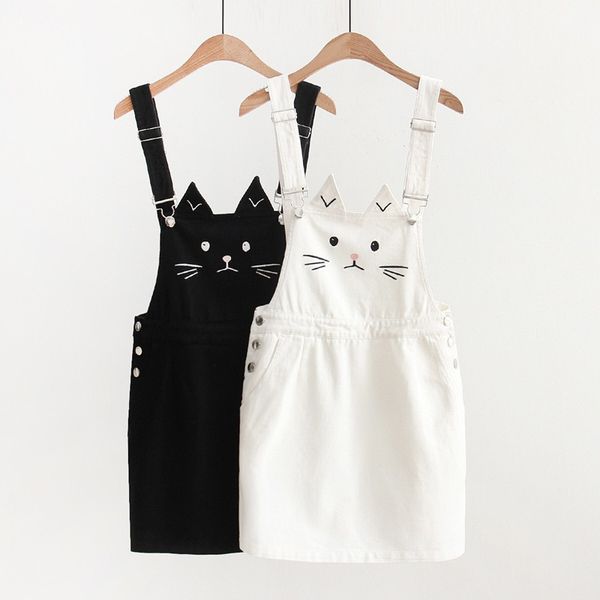 

women suspender denim skirt kawaii cute cat embroidery japanese harajuku strap mini jean skirt mori girl lolita vestidos 2019, Black;gray